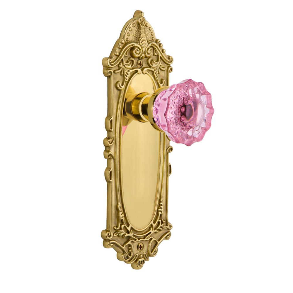 Nostalgic Warehouse VICCRP Colored Crystal Victorian Plate Passage Crystal Pink Glass Door Knob in Polished Brass
